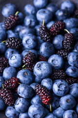 Macro shot of fresh blueberries and mulberries. Food photography