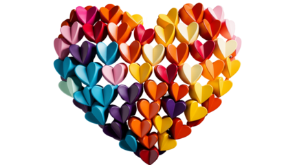 Heart Shaped Paper Craft Bright Rainbow Design, Abstract Love Background for Decor, isolated on transparent background.
