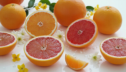 Freshly cut oranges and grapefruits display vibrant colors, surrounded by delicate flowers, creating a cheerful and inviting atmosphere in a bright setting