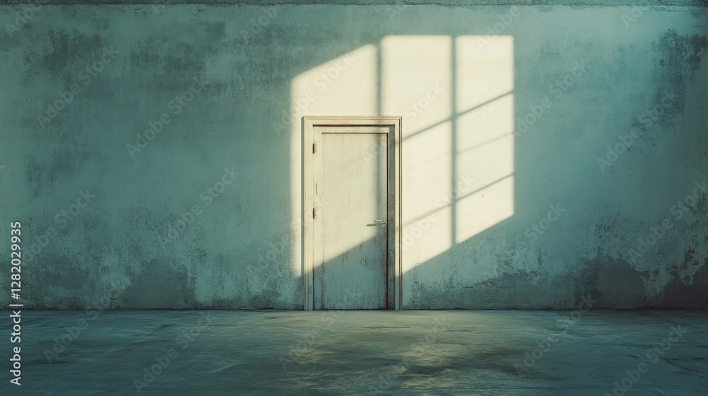 Poster A room with a rough-textured wall silently invites exploration through an open door, while soft sunlight casts enchanting shadows on the floor, creating a tranquil atmosphere.