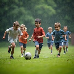 Obraz premium Kids play football on green lawn in rain. Children running soccer ball game. Group of diverse happy boys, active, healthy lifestyle, childhood games, fun, teamwork, sports.