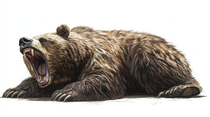 Obraz premium Realistic digital painting of a roaring grizzly bear lying down, showing powerful fangs