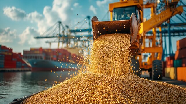 Wheat Grains Pouring from Loader Bucket at Port Terminal, Ship and Containers in Background