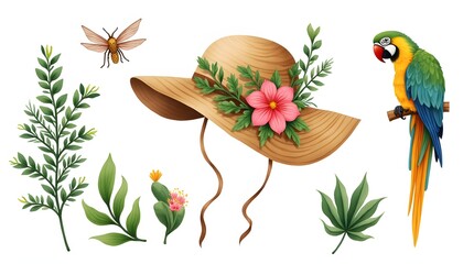 A whimsical set of tropical illustrations featuring a straw hat with flowers, a parrot, a moth, and various botanical elements on a white background