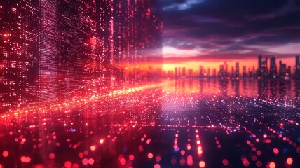 Fototapeta premium Futuristic cityscape at sunset, featuring vibrant red data streams and reflective surfaces, symbolizing technology and innovation.