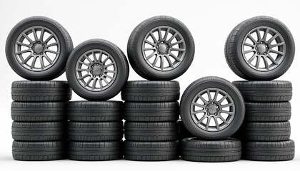 Collection of car tires with alloy wheels isolated on white background. Vehicle rubber tires showcase performance, traction, radial design, hard-wearing tread. Auto maintenance for road safety,