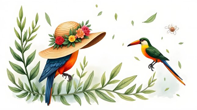 birds wearing hats, floral, watercolor style clip art preview