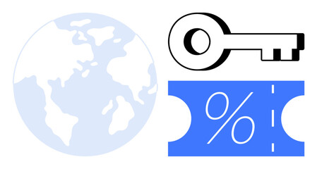 Key next to blue discount coupon with percentage sign, light blue globe in background. Ideal for global business, deals, security, access, finance, economy, promotions abstract line flat metaphor