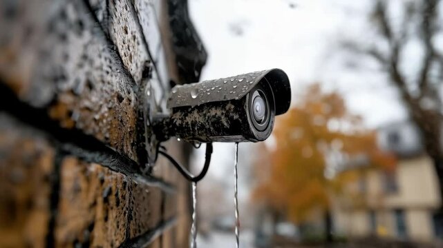 Rain falling on an old security camera mounted on weathered brick wall, autumn leaves blurring background with orange tones during rainy outdoor scene of residential monitoring system
