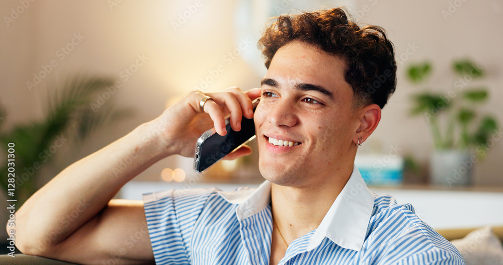 Poster phone call, happy and man on sofa in home with communication, networking or connection. technology, 