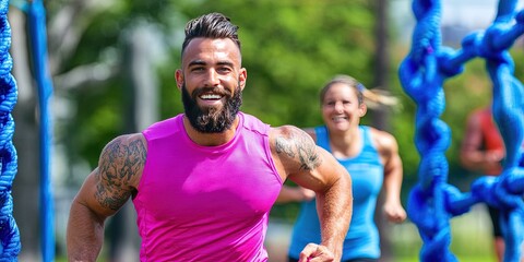 Obraz premium diverse ethnic adults running obstacle course 