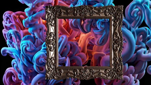 Intricate baroque frame against vibrant swirling abstract background in shades of blue and pink. Artistic expression concept.
