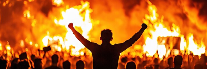 crowd cheering fire, city, riot
