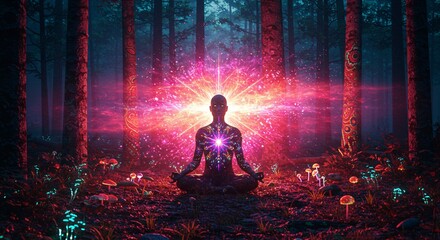 Psychedelic high quality art of a human meditating in the woods