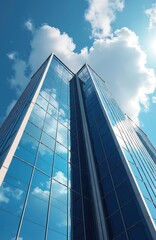 Obraz premium Blue glass skyscraper reflecting clouds against sky. Modern architecture of commercial building exterior facades. Office tower represents business district corporate finance, real estate industry.