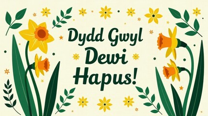 "Dydd Gwyl Dewi Hapus!" – Text to st. david’s day surrounded by yellow daffodils, green leaves