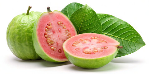 Fresh guava fruits are displayed with one sliced open, revealing bright pink flesh and seeds, alongside vibrant green leaves, highlighting tropical abundance and flavor