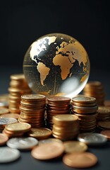 Crystal globe atop stacks coins. Represents worldwide finance, global business, international investments. Gold continents on sphere, wealth accumulation. Stacked currency embodies financial growth,