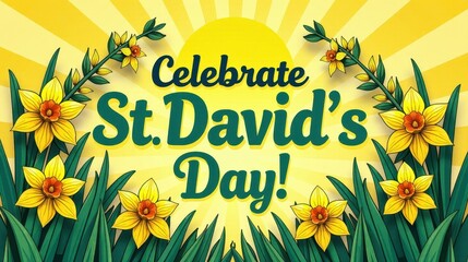 "Celebrate St. David’s Day!" – Daffodils and leeks forming a wreath around the text, with soft golden rays of sunlight in the background.