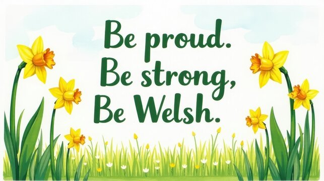 "Be proud. Be strong. Be Welsh." – Stylish lettering framed by daffodils, bulb plants, and a soft watercolor sky.