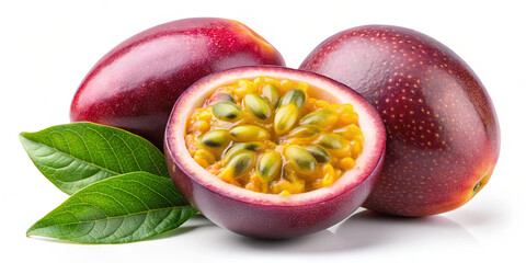 Passion fruits are displayed on a white background, showcasing their vibrant purple skin. The fruit is cut in half, revealing bright yellow pulp filled with seeds, accompanied by lush green leaves