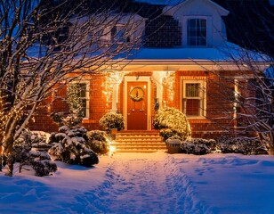 GeneratedTitle: Cozy Snow-Covered House with Festive Christmas Lights at Night

 