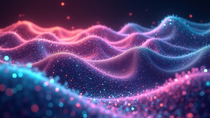 A mesmerizing landscape of neon-lit fractal geometries folding into higher dimensions, vibrant pulses of light shifting across a quantum field in constant motion.