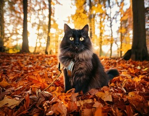 GenerateTitle: Fluffy Cat on a Leash Sitting Among Autumn Leaves in a Forest

