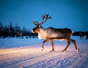 GenerateTitle: Reindeer Crossing a Snowy Road at Dusk in a Winter Landscape

