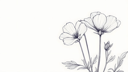 Naklejka premium Minimalist black and white line art floral illustration with delicate hand-drawn flowers, creating an elegant and simple botanical sketch for nature-inspired design 