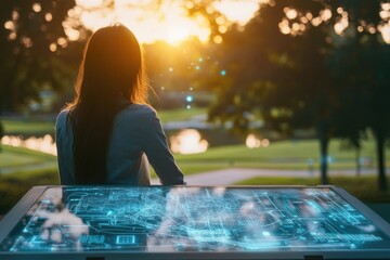 Woman sits in park at sunset, contemplating futuristic digital overlay on surface.