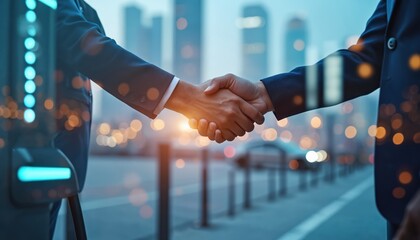 Business people handshake after successful meeting near charging electric car, EV. New innovative automobile tech. Partnership, deal, agreement. Togetherness, cooperation between corporate salesman,