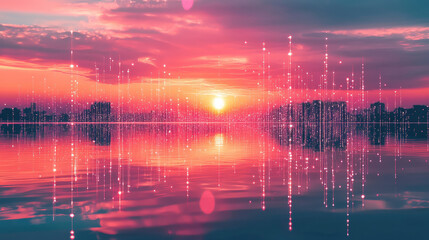 Naklejka premium Surreal digital sunset over a glowing lake with falling matrix-style data streams