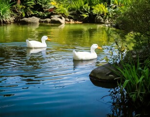 GeneratTitle: Two White Ducks Swimming in a Tranquil Pond with Reflections

