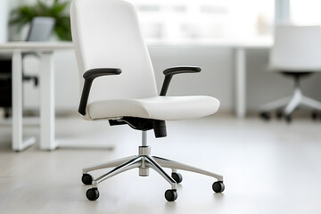 White office chair with adjustable height and rolling casters, suitable for a modern workspace. Promotes comfort and productivity in any office setting.
