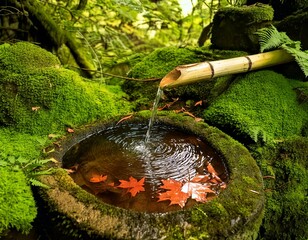 Generated iTitle: Traditional Japanese Bamboo Water Fountain in a Serene Garden

