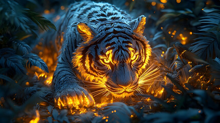 Majestic white tiger in glowing jungle at night; fantasy wildlife scene; nature photography