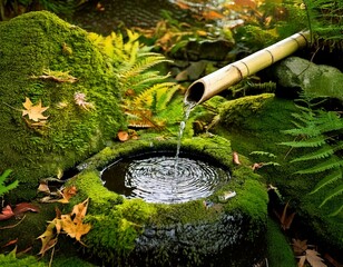 Generated iTitle: Traditional Japanese Bamboo Water Fountain in a Serene Garden

