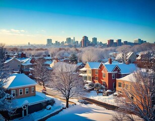 GeneratedTitle: Snow-Covered Suburban Houses with a City Skyline in the Background

 