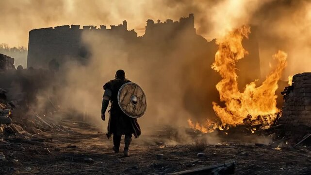 Scene of knight walking through a fiery castle, smooth repeating motion for background video animation