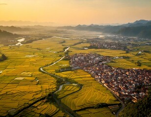 Generated imaTitle: Aerial View of Picturesque Farmland and Countryside at Sunrise

