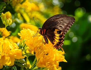 GeneraTitle: Beautiful Butterfly Resting on Vibrant Yellow Flowers in Nature

