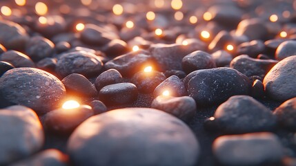A mix of wet and dry stones on a sandy beach, their colors deepened by the ocean spray.