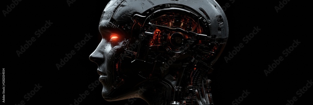 Fototapete side profile of a human head featuring intricate mechanical structures and a glowing robotic eye in 