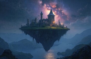 Fototapeta premium Mystical floating island with ancient castle ruins, bathed in starlight. Fantasy landscape with mountains in fog. Aethereal, surreal, dreamlike scene. Captivating, mesmerizing, bewitching,