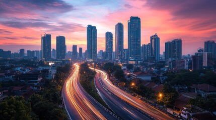 Fototapeta premium City highway traffic at vibrant sunset