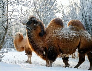 GenerateTitle: Two Bactrian Camels in a Snowy Winter Landscape

