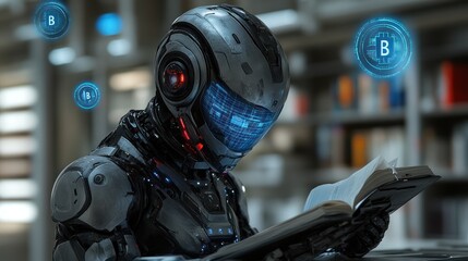 Fototapeta premium Robot reading book in library, cryptocurrency symbols