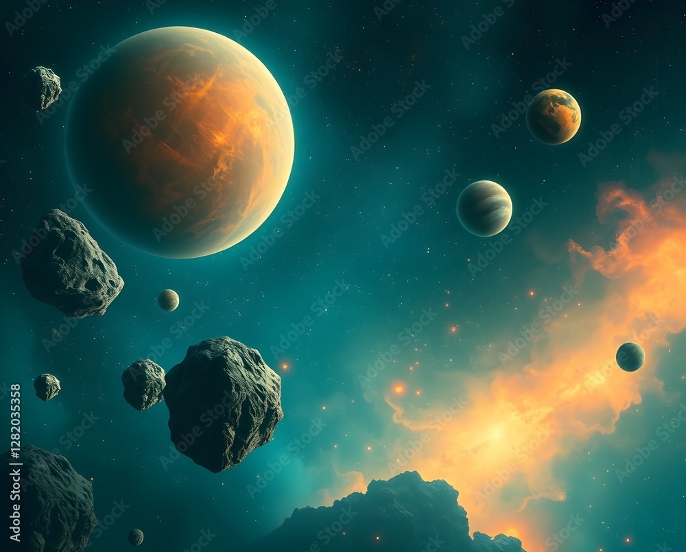 Wall mural digital artwork depicts a vibrant and dynamic cosmic scene, featuring a cluster of asteroids and pla