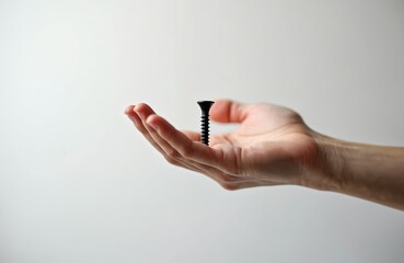 Black screw lies on open palm against white background. Hand holds fastener hardware. Construction concept. Carpentry work. Repair tool. Fastening element. Minimalist photo. Hardware store promo